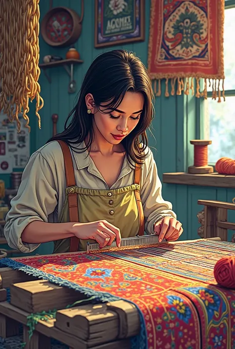 Create a picture of a weaver at the loom in comic style. The weaver looks peacefully
