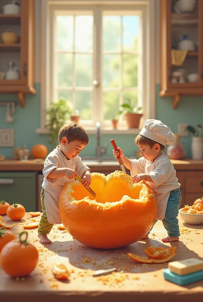 Here is a brief promt for the drawing:
Scene: On a large kitchen surface
lies a half-cleaned tangerine
Little People: Group of l...