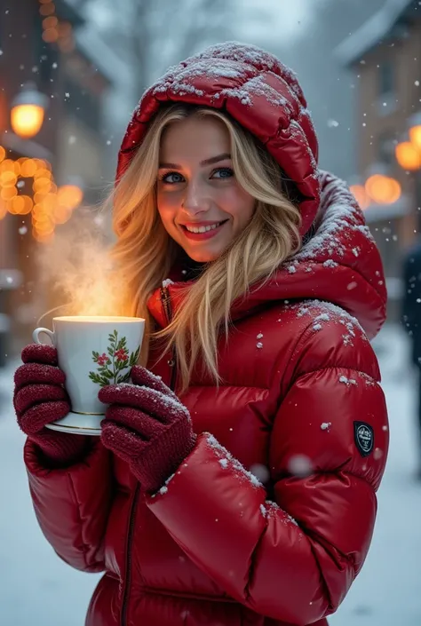 Blonde young woman, 18 years old, red shiny down suit with hood, snowy landscape, big cup of steaming tea, warm glowing wreath, ...