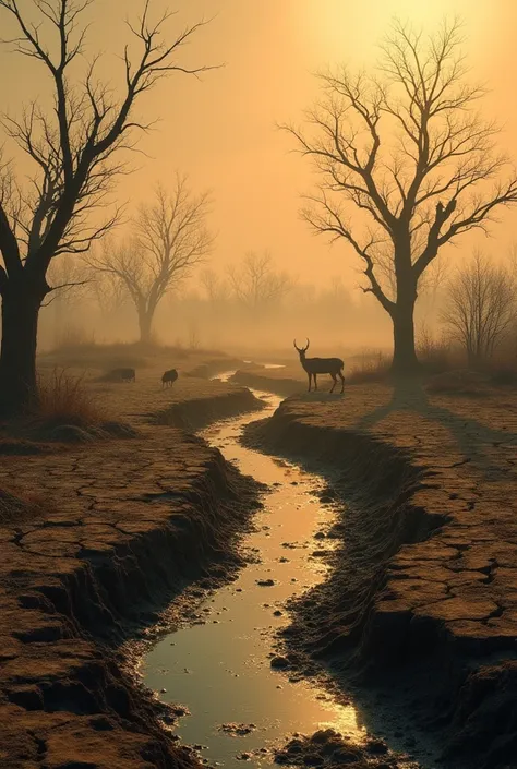 A somber environmental scene depicting a barren landscape with dried, cracked earth in the foreground. Withered trees with spars...