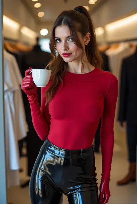 a brown ponytail hair girl trying a red long-sleeved t-shirt and open white short jeans to her full enclosed bodyfit skintight s...