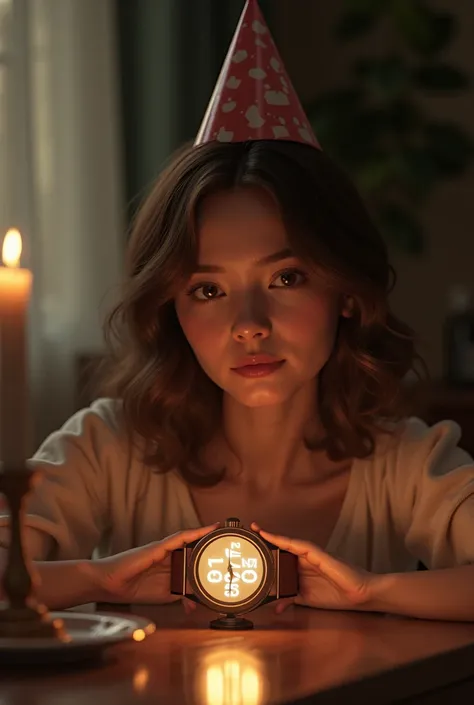 in the center of the table, is an electronic watch, that shows the time 00:00, In the background, there is a beautiful Russian g...