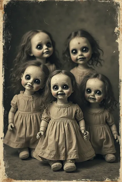 Five creepy old dolls with black eyes and disturbing expressions. Four dolls have an emaciated and serious face with a terrifyin...