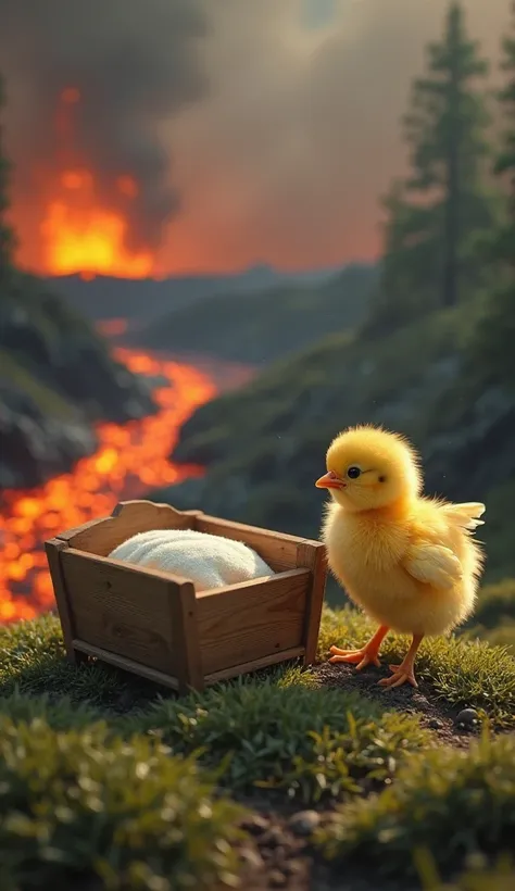 A wooden cradle sits isolated on a patch of untouched grass, a newborn baby crying inside. The fluffy yellow chick (tiny wings o...