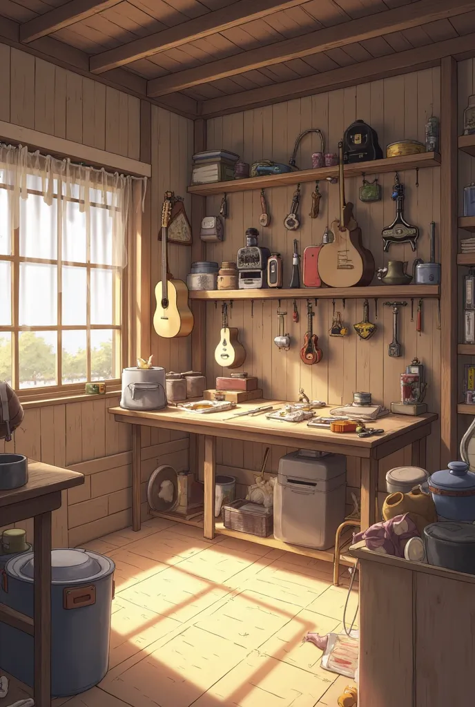 anime style background. Interior of a traditional Japanese workshop, shelves with wooden tools, hanging or disassembled guitars,...