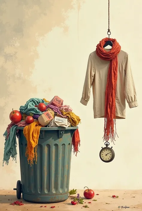 "An artistic and symbolic illustration. on the left, a garbage can full of wrinkled clothes with visible 'SALE' and 'OFFER' labe...