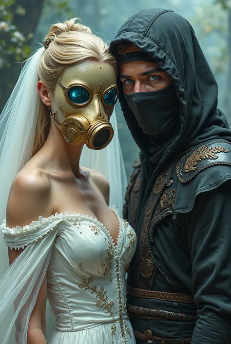 Sexy woman in a wedding dress crowning with a blonde gas mask with blue eyes with and next to a sexy ninja warrior strong man wi...