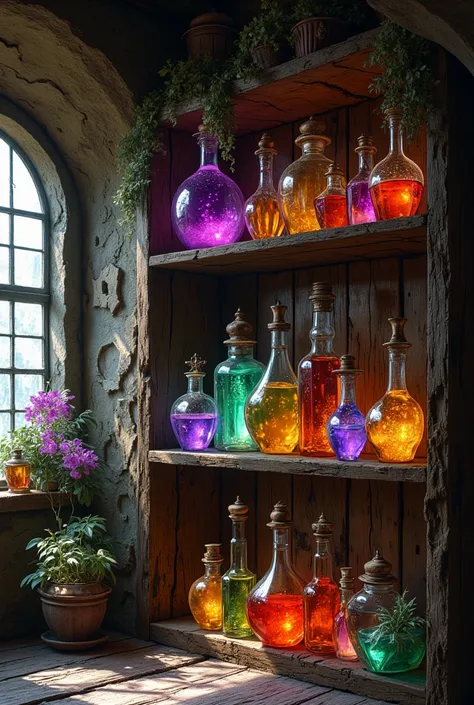 Shelf with potions. Antique wooden shelf with bottles of different shapes and sizes filled with liquids of different bright colo...