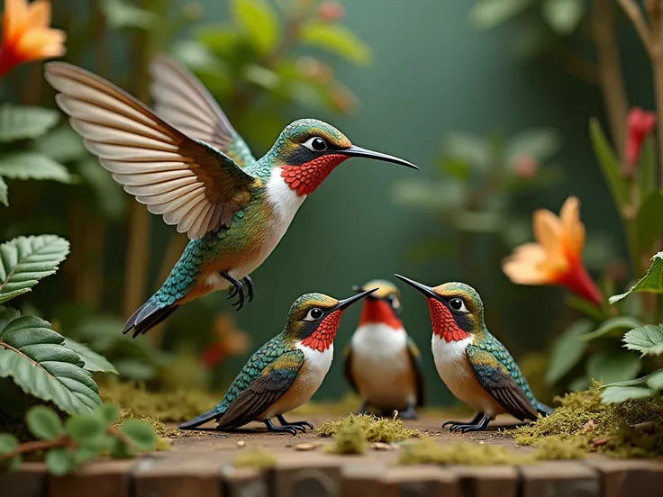 You could generate a spreadsheet of 4 hummingbirds (The mother and her 3 ren) to make a hilorama to make it with nails and wool