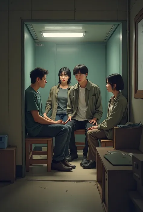 Create an image of a group of three adult Korean boys and two adult Korean girls in the middle of a shelter relieved with realis...