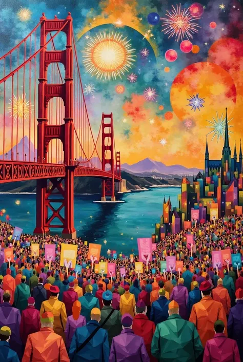 San Francisco in a vibrant cubist style during a Catholic Jubilee celebration. The Golden Gate Bridge appears fragmented into bo...