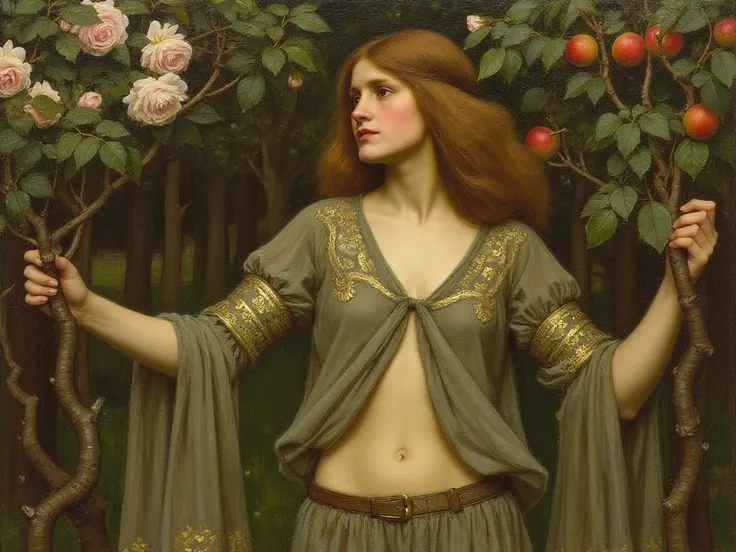 A 19th-century Pre-Raphaelite-style oil painting of a  male ager standing alone in a lush forest filled with flowA 19th-century ...