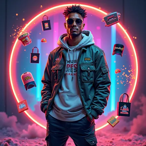 Create a bold and professional social media profile picture for the fashion brand "NUMHB." Center a stylish male and female char...