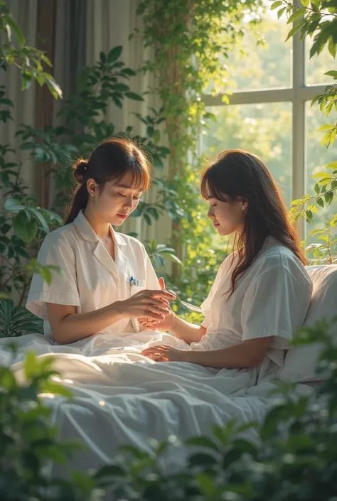 patient receiving a iv medical drip by a nurse in a beautiful setting real life people