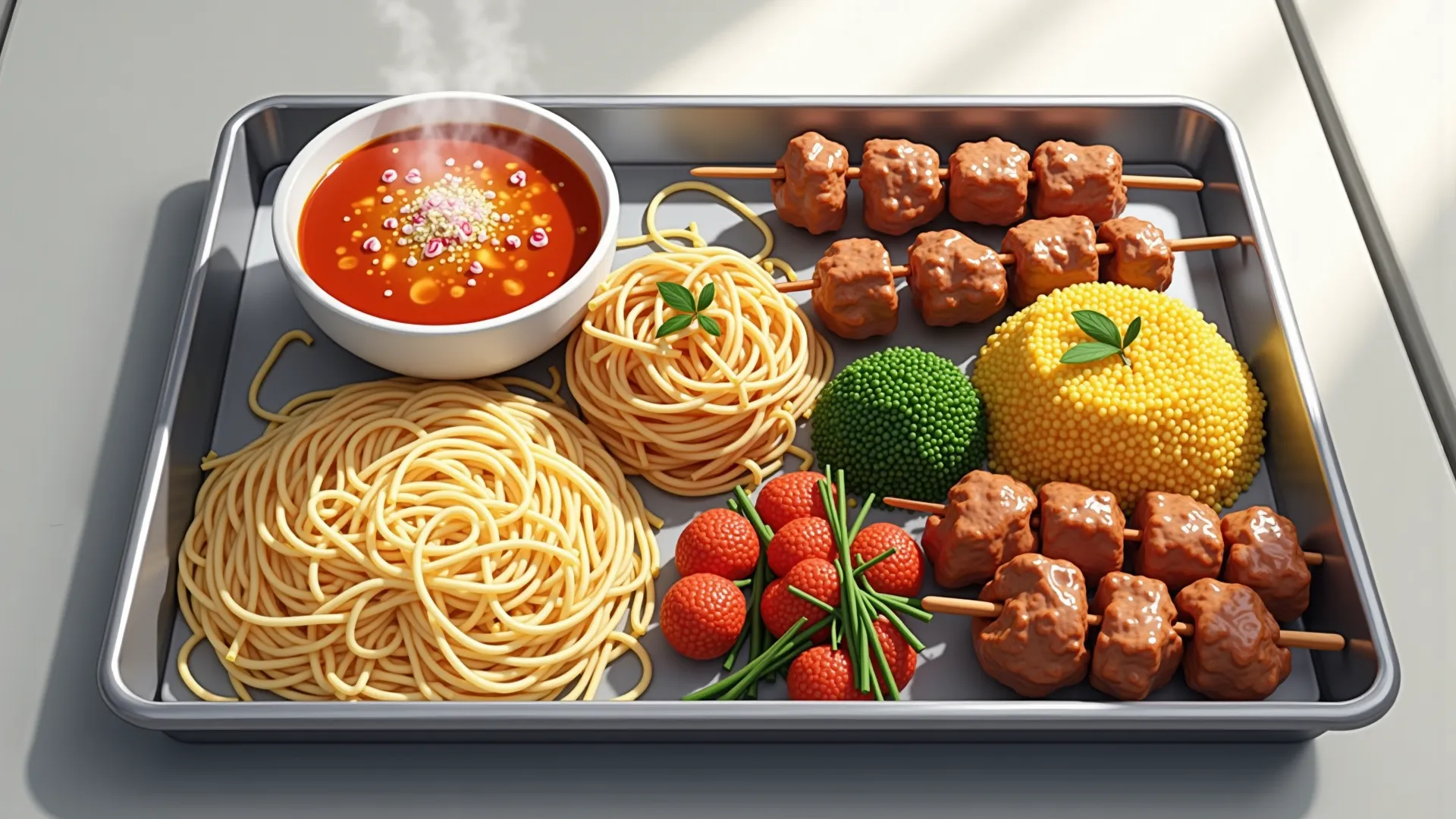 Subject: A tray with soup, spaghetti, grilled meat skewers, and steamed vegetables on a metal table. Background: Simple dining a...