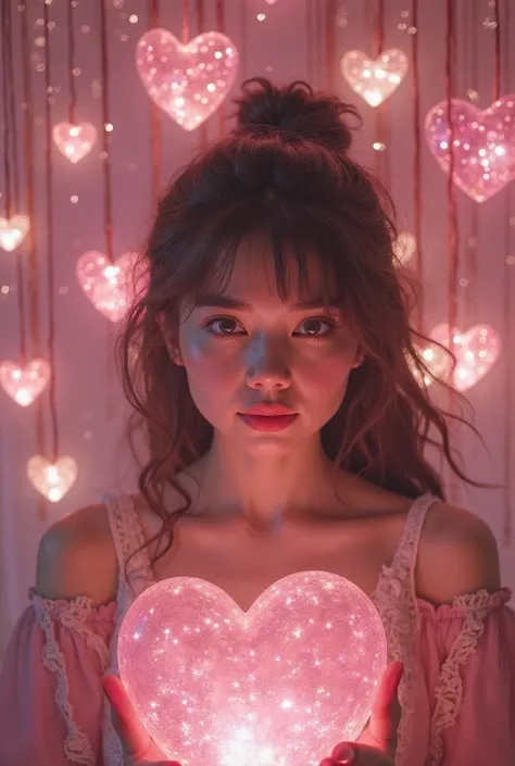 A Room Full of Sparkling Hearts, cute woman,Crystal Fortune Telling,Delicate Face,gentle expression,Magical rituals,Gorgeous Cry...