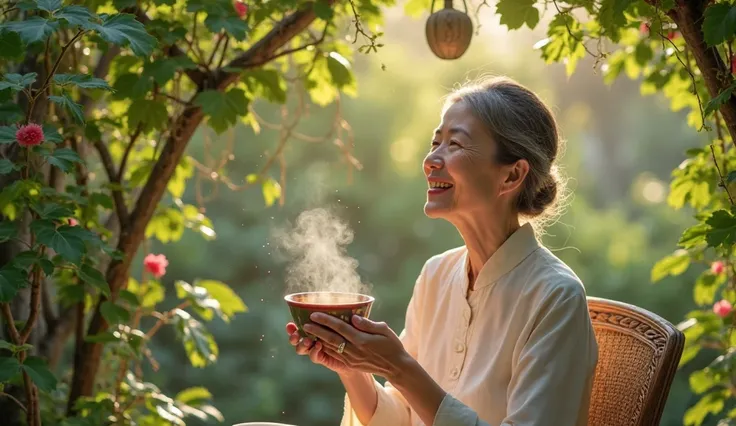 A 50-year-old woman sits beneath a lush trellis of bitter melon vines, sipping ginger tea from a ceramic cup. She wears an áo bà...