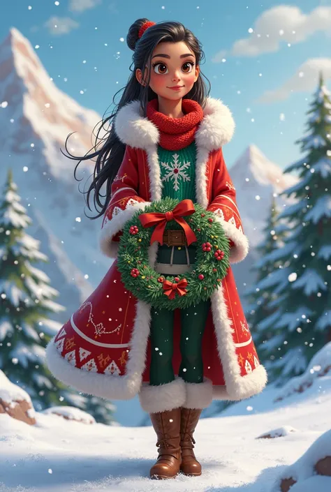 Disney character Raya in christmas clothes