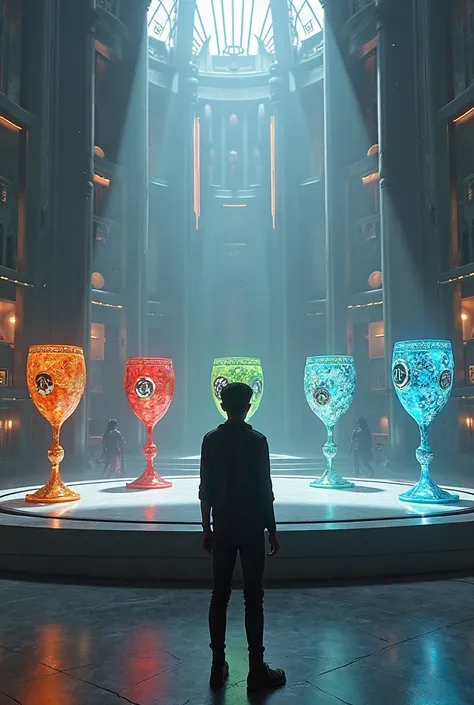 An image that represents the inside of the Faction Choice Center with the cups of the 5 factions in Divergent