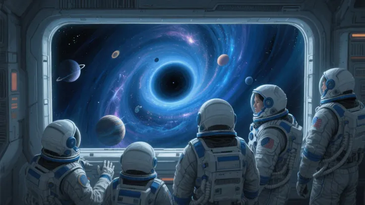 create an image of a crew of astronauts looking out the spaceship window, and the window in the background has a space wormhole