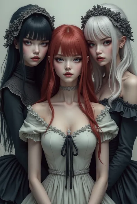 Change the hair color of the woman on the right to white, blue eyes, and change the women in the middle to have red hair, red ey...