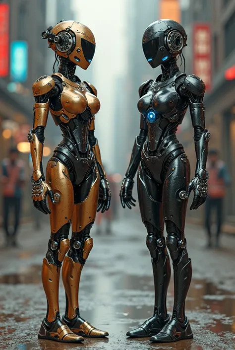 A Steampunk-style female robot, a cyberpunk-style female robot