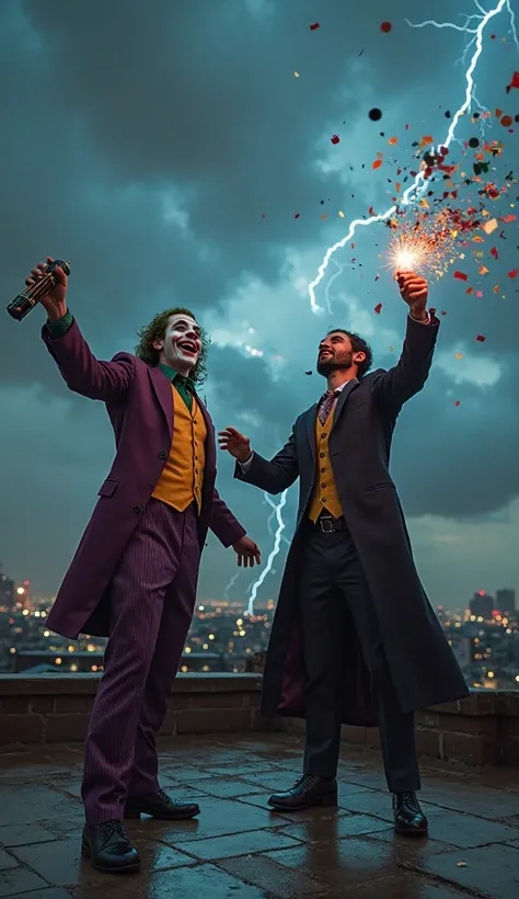 "A rooftop scene under a cloudy night sky. Joker, laughing wildly, holds a detonator with one hand and throws a fake bomb with t...
