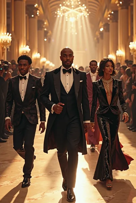 Met Gala night, a grand, luminous ballroom in the Metropolitan Museum of Art, polished marble floors and soaring Art Deco column...