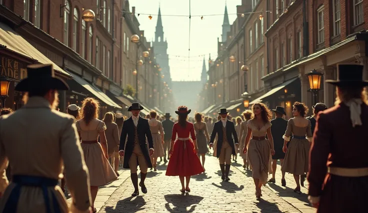 A lively street scene in London, 1720. Elegant men and women stroll through cobblestone streets wearing authentic 18th-century f...