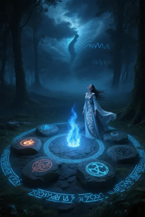 A dramatic fantasy scene in a mystical forest clearing at twilight. In the center, seven ancient stones form a glowing circle on...