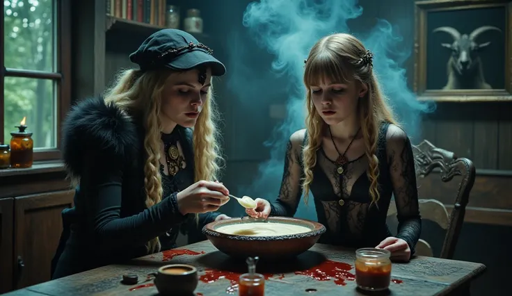 Scene in a Swedish household, A mother is dressed in witch's dress, black clothing, long blonde hair, braids, amulets, charms, a...