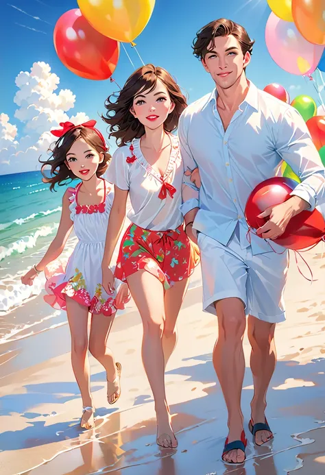 Family of 3 running  glossy lips on the beach  with balloons in hand, happy family, people  glossy lips on the beach , sunny day...
