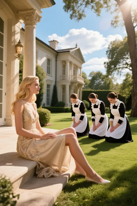 rich beautiful blonde supermodel woaman sitting outside of her luxury mansion. four maids are on their knees waiting foe her. th...