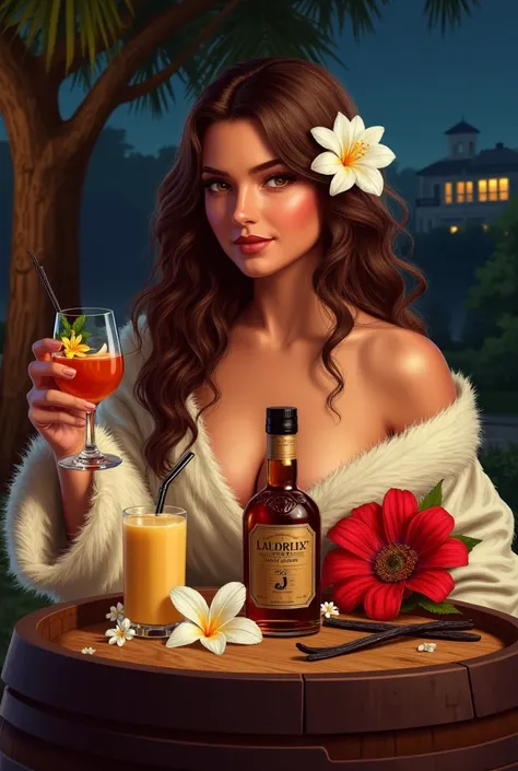 night、In the background is a mansion and a tree、 a young woman with long hair 、 fur robe、Glass of rum in one hand、Amber liquid a...