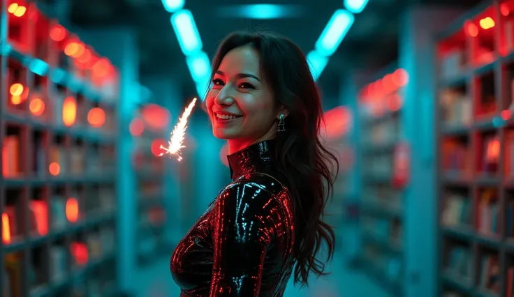 A photorealistic medium-shot portrait of lita_sov, her grin infectious under neon teal and crimson beams. Her hair flows over a ...