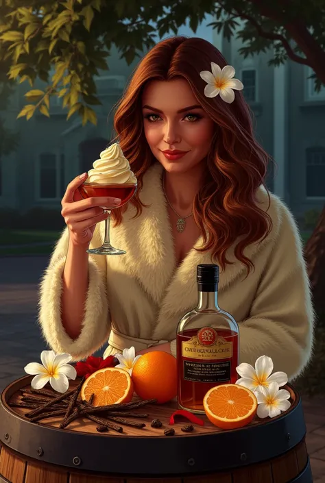 night、The background is a mansion and a tree々、woman with long hair、 fur robe、Holding a glass of rum in hand、vanilla ice cream fo...