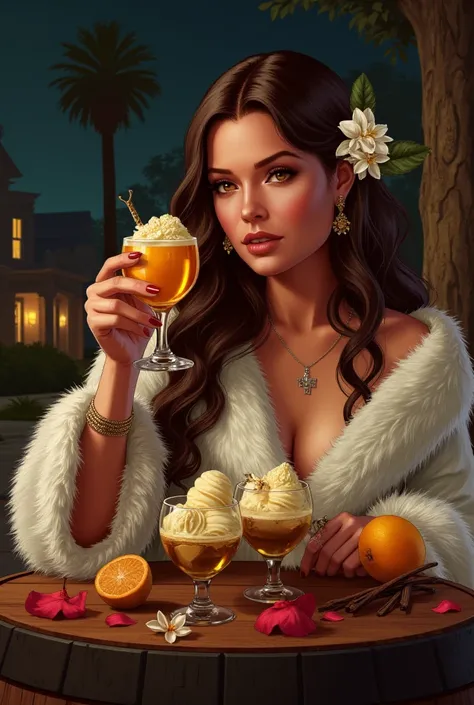 night、The background is a mansion and a tree々、woman with long hair、 fur robe、Holding a glass of rum in hand、vanilla ice cream fo...