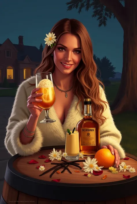 night、The background is a mansion and a tree々、woman with long hair、 fur robe、Holding a glass of rum in hand、vanilla ice cream fo...
