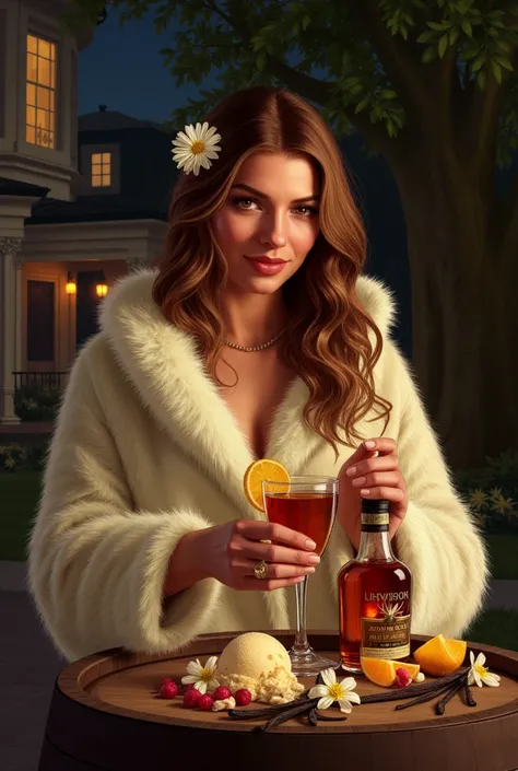 night、The background is a mansion and a tree々、woman with long hair、 fur robe、Holding a glass of rum in hand、vanilla ice cream fo...