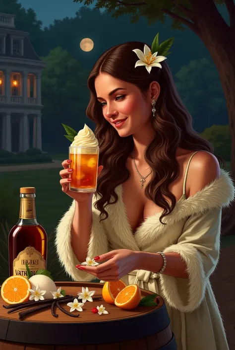 night、The background is a mansion and a tree々、woman with long hair、 fur robe、Holding a glass of rum in hand、vanilla ice cream fo...