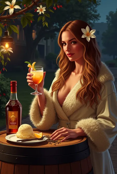 night、The background is a mansion and a tree々、woman with long hair、 fur robe、Holding a glass of rum in hand、vanilla ice cream fo...