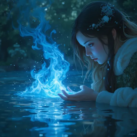 ,Hair with light and dark locks in one night discovering a blue flame floating in a lake touching the flame with your hand