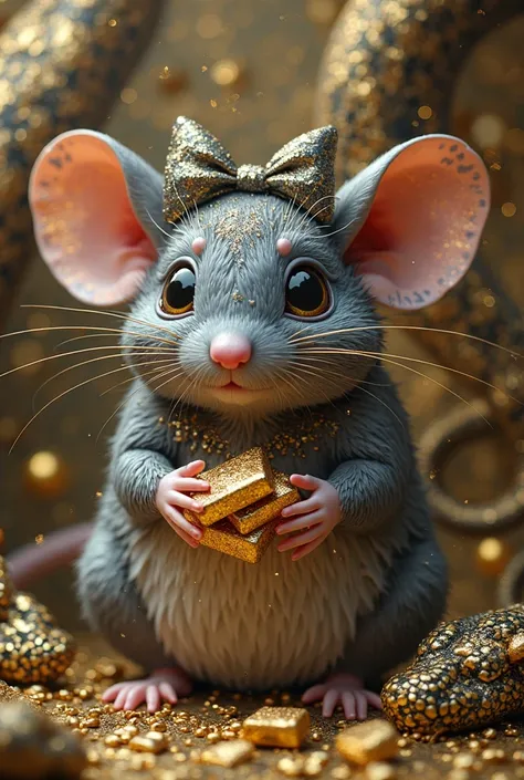 A big fat mouse with a bright glitter face .mysterious black eyes gray skin, big ears with bow. Sitting around all gold and sil...