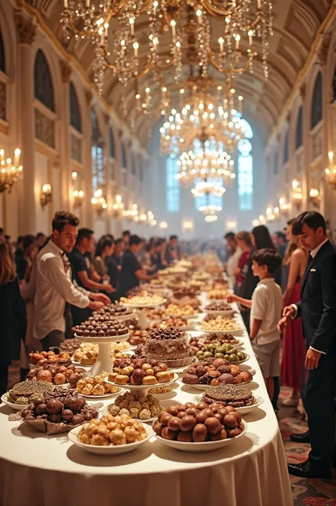 Wedding hall has gourmet chocolates and sweets on white-draped tables wide angle, Crowd of ren playing around