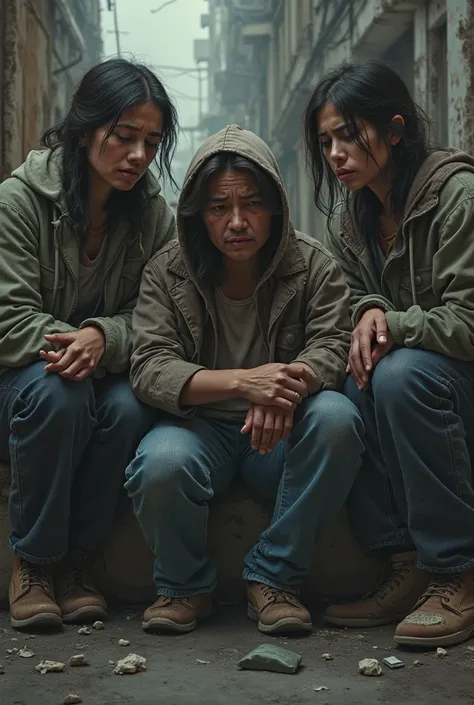 Generate an image of 3 sad unemployed people, 2 women and 1 man