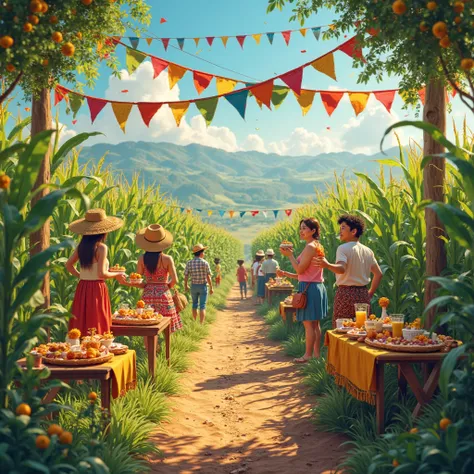 A field background decorated for Festa Junina with corn stalks, banners, and tables full of sweets, dreamy and realistic style