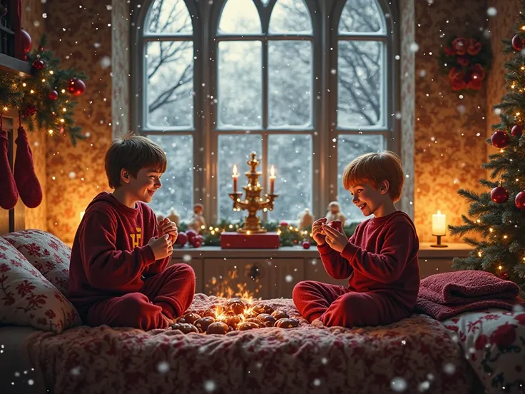 A cozy Gryffindor dormitory on Christmas morning. Snow gently falls outside the tall, frosted windows. Inside, a young boy (Harr...