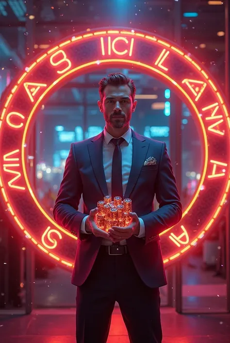 wearing a suit, holding slot stones in his hand, inside a round ring with a 3D LED light text that says casino USLANMAZ