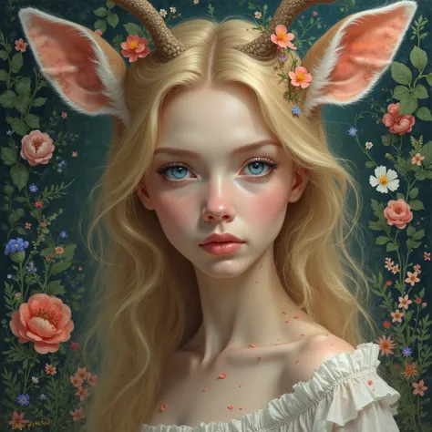 Belle femme blonde foncé au yeau bleu avec des oreilles de biche avec un décor fleuri