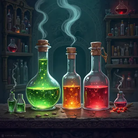 "Dark fantasy illustration in the style of Lineage II, magical potions in glass vials, glowing green and red liquids, alchemical...